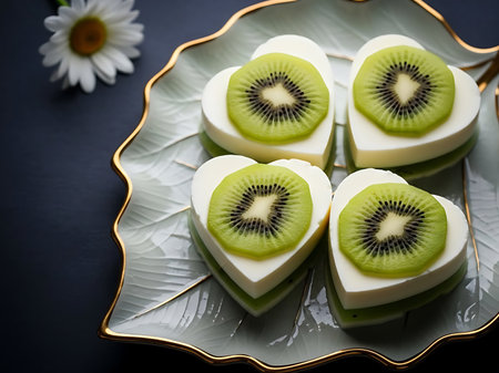 Four heartshaped desserts with kiwi slices on top arranged on a decorative plate with gold trim placed on a dark surface with a white flower nearbyの素材