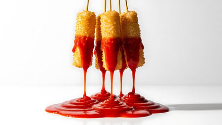 Golden fried snacks on skewers with thick red chili sauce or ketchup dripping down onto a clean white surface in a minimalist style.の素材