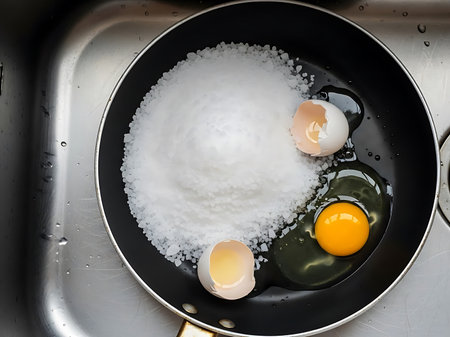 A conceptual image showing two cracked eggs in a pan buried under a mountain of white table salt.の素材
