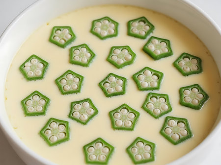 A healthy bowl of silky smooth steamed egg custard garnished with a pattern of green okra stars.の素材