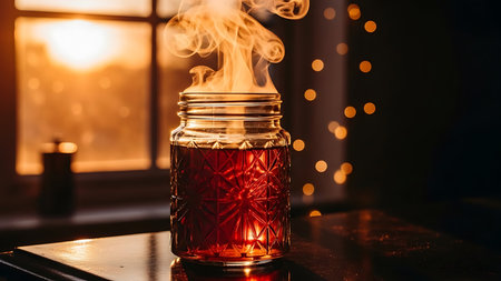 A cozy close-up of a textured glass jar filled with hot tea or coffee, with thick steam rising and golden lights in the background.の素材