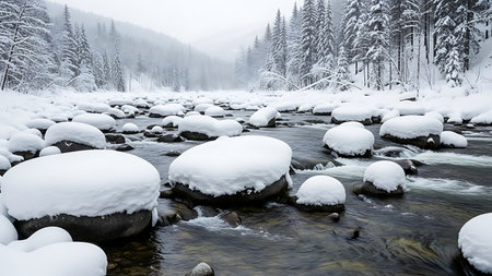 A serene view of a mountain river in winter, with large round rocks covered in deep white snow and a misty forest background.の素材
