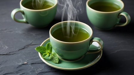 Three green ceramic cups filled with hot tea emit plumes of steam, accompanied by fresh green mint leaves on a textured slate background.の素材