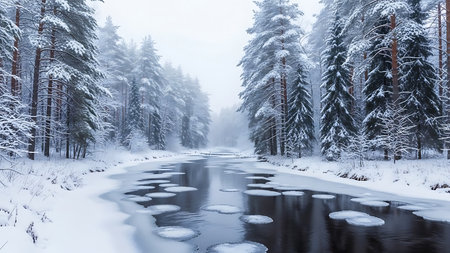 A calm river flows through a dense, snow-covered pine forest, carrying unique circular pancake ice formations.の素材