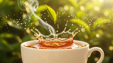 A macro shot of a golden tea splash in a white cup, featuring a fresh green leaf and elegant wisps of steam against a blurred background.の素材
