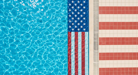 A top-down view of a swimming pool designed with the American flag motif using red, white, and blue tiles, set against a clean white tiled edge.の素材