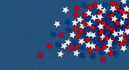A dynamic scattering of small red, white, and blue stars against a solid deep blue background, perfect for patriotic themes and holidays.の素材
