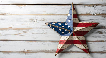 A weathered, cracked star featuring the American flag design rests on a backdrop of rustic white wood planks, exuding a vintage patriotic charm.の素材