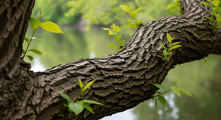 New leaves sprout from an old tree branch, symbolizing new beginnings and the vibrant renewal of spring.の素材