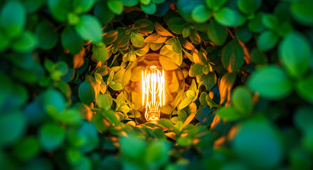 An illuminated vintage-style light bulb nestled within lush green foliage, representing the concept of green energy and eco-friendly innovation.の素材