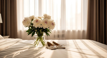 Morning sunlight streams across a neatly made bed, illuminating a glass vase filled with white peonies and a pair of classic white flat shoes.の素材