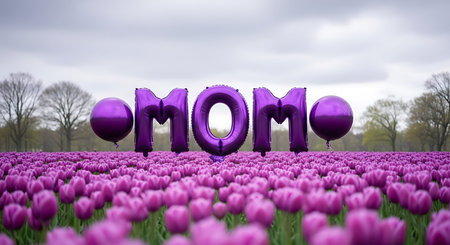A whimsical and striking image of large purple balloon letters spelling 'MOM' floating above a vast field of blooming purple tulips under a cloudy sky.の素材