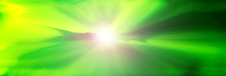 Horizontal futuristic texture of bright and dazzling green diffused aurora rays.