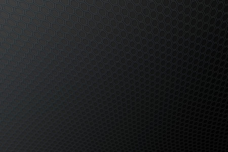 Curved, three-dimensional floating honeycomb grid structure texture on a matte black gradient...