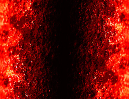 A textured illustration resembling a rocky corridor, with a black gradient in the center and red on...