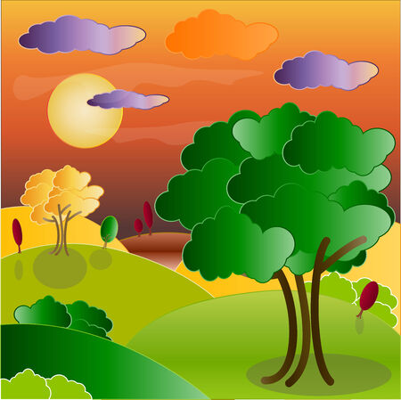 landscape with trees, cloud, sky, sun, herb, hills in different color の写真素材