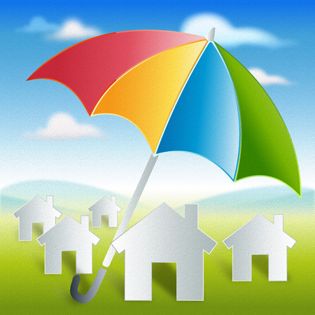 Home with colored umbrella protection and security in landscape, this image is useful in home protection and security の写真素材