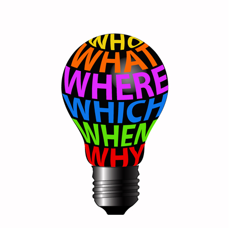 bulb of who, what, where, which, when, why this image is useful in business の写真素材