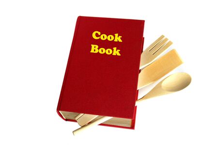 Red cook book isolated on whiteの写真素材