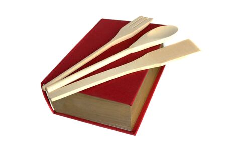 Red cook book isolated on whiteの写真素材