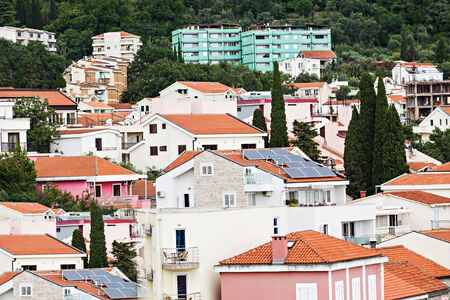 Hotels and local houses in Petrovac, Montenegroの写真素材