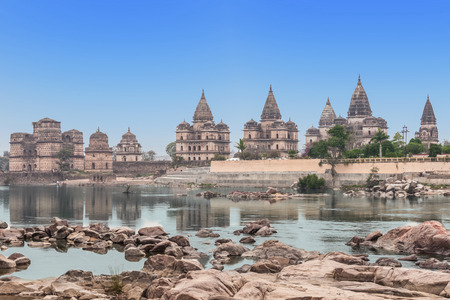 Chhatris or Cenotaphs are dome shaped structure built in 17th century for a long memory about raja of Orchha city.のeditorial素材