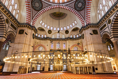 ISTANBUL, TURKEY - SEPTEMBER 08, 2014: The Suleymaniye Mosque interior on September 08, 2014 in Istanbul, Turkey.のeditorial素材