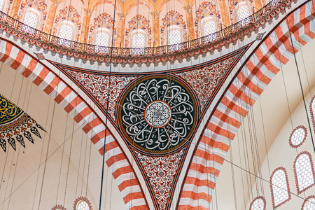 ISTANBUL, TURKEY - SEPTEMBER 08, 2014: The Suleymaniye Mosque interior on September 08, 2014 in Istanbul, Turkey.のeditorial素材