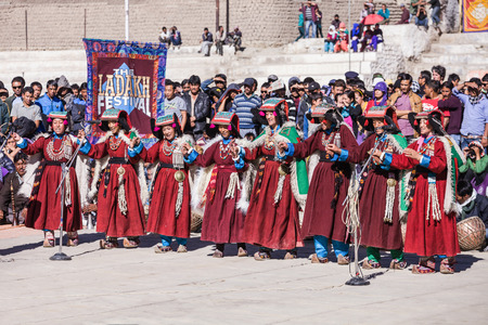 LEH, INDIA - SEPTEMBER 26: Unidentified artists in Ladakhi costumes at the Ladakh Festival on...