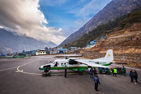 LUKLA, NEPAL - MARCH 13: Lukla airport is a start point of Everest trek on March 13, 2014, Lukla, Nepalのeditorial素材
