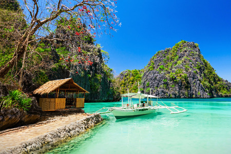 Filipino boat in the sea, Coron, Philippinesの写真素材