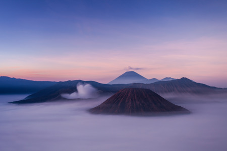 Bromo, Batok and Semeru volcanoes at sunrise, Java island, Indonesia