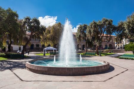 Beautiful fountain on San Francisco Square in Cusco, Peruの写真素材