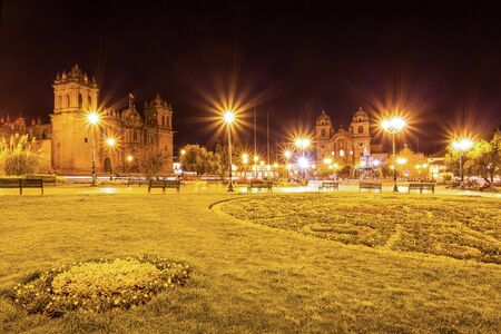 Plaza de Armas at night. It is a central square in Cusco, Peru.