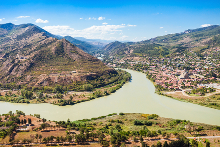Kura and Aragvi rivers merge aerial view near Mtskheta, Georgia