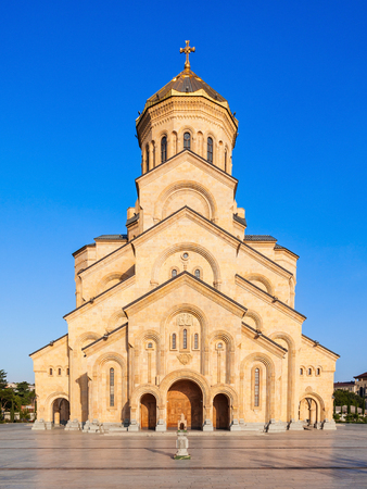 Tsminda Sameba Church (The Holy Trinity Cathedral of Tbilisi) at evening, located in Tbilisi,...