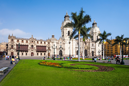 LIMA, PERU - MAY 10, 2015: The Basilica Cathedral of Lima is a Roman Catholic cathedral located in the Plaza Mayor in Lima, Peruのeditorial素材