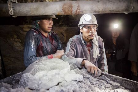 POTOSI, BOLIVIA - MAY 21, 2015: Unidentified miners at Cerro Rico silver mine in Potosi, Bolivia.のeditorial素材
