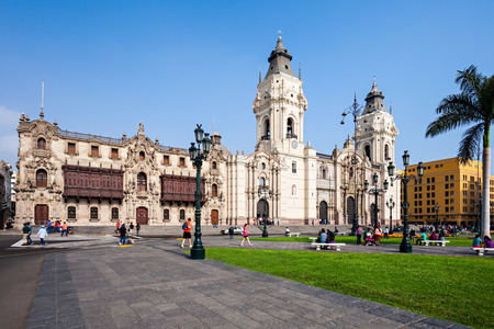 LIMA, PERU - MAY 10, 2015: The Basilica Cathedral of Lima is a Roman Catholic cathedral located in the Plaza Mayor in Lima, Peruのeditorial素材