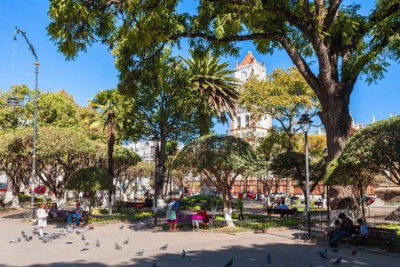 SUCRE, BOLIVIA - MAY 22, 2015: Plaza 25 de Mayo square is a main square in Sucre, Bolivia.のeditorial素材