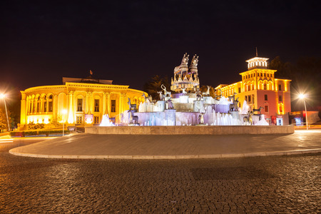KUTAISI, GEORGIA - SEPTEMBER 25, 2015: Kolkhida Fountain and Georgian Drama Theatre at night in Kutaisi, Georgia.のeditorial素材