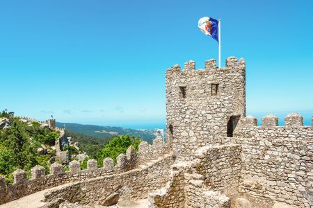 The Castle of the Moors is a hilltop medieval castle in Sintra, Portugalのeditorial素材