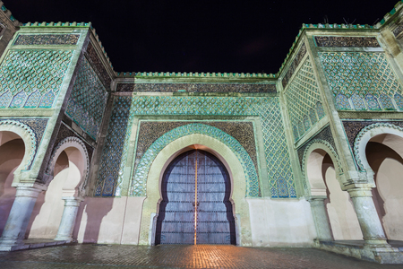 The Bab Mansour in Meknes, Morocco at night. Gate Bab Mansour Gate named after the architect, El-Mansour. Gate Bab Mansour is a main gate in Meknes, Morocco.のeditorial素材