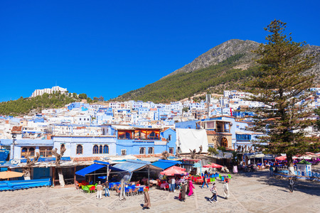 CHEFCHAOUEN, MOROCCO - MARCH 01, 2016: Central city square in Chefchaouen. Chefchaouen is a city in northwest Morocco. Chefchaouen is noted for its buildings in shades of blue.のeditorial素材