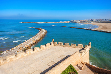 Rabat beach aerial panoramic view from the Kasbah of the Udayas fortress in Rabat in Morocco. The Kasbah of the Udayas is located at the mouth of the Bou Regreg river in Rabat, Morocco.のeditorial素材