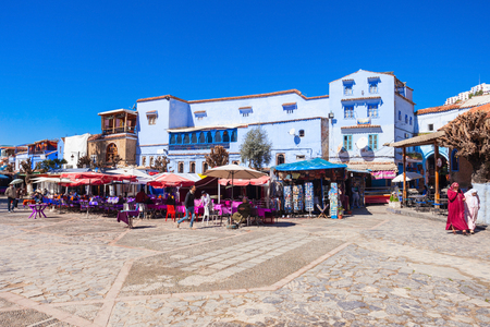 CHEFCHAOUEN, MOROCCO - MARCH 01, 2016: Central city square in Chefchaouen. Chefchaouen is a city in northwest Morocco. Chefchaouen is noted for its buildings in shades of blue.のeditorial素材