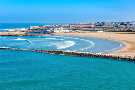 Rabat beach aerial panoramic view from the Kasbah of the Udayas fortress in Rabat in Morocco. The Kasbah of the Udayas is located at the mouth of the Bou Regreg river in Rabat, Morocco.のeditorial素材
