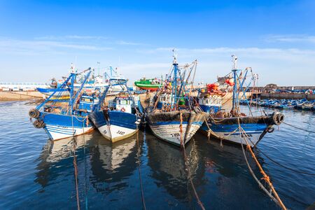 ESSAOUIRA, MOROCCO - FEBRUARY 20, 2016: Boats docked in the Skala du Port in Essaouira, Morocco.のeditorial素材