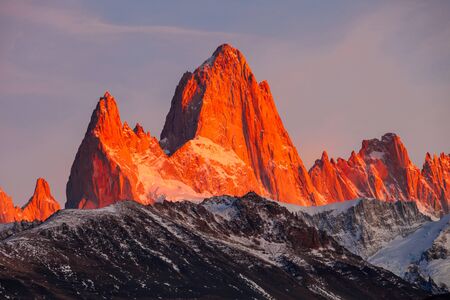 Fitz Roy sunrise view. Fitz Roy is a mountain near El Chalten in Patagonia, on the border between Argentina and Chile.の写真素材