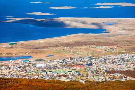 Ushuaia aerial view from the Martial Glacier. Ushuaia is the main city of Tierra del Fuego in Argentina.の写真素材